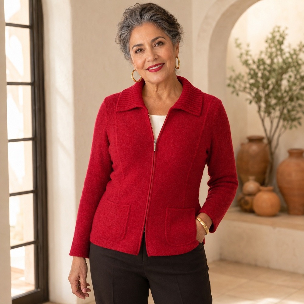 Croft & Barrow Red 100% Wool Full Zip Sweater Jacket Size M Pocket